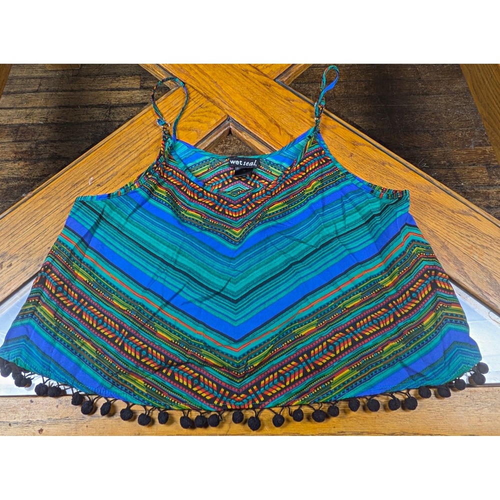 Wet Seal Women's M Geometric Boho Cami Tank Spaghetti Straps Pom-Pom Hem